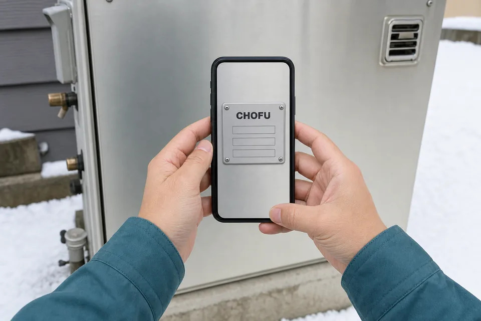 CHOFU製ボイラーの銘板をスマートフォンで撮影する手元