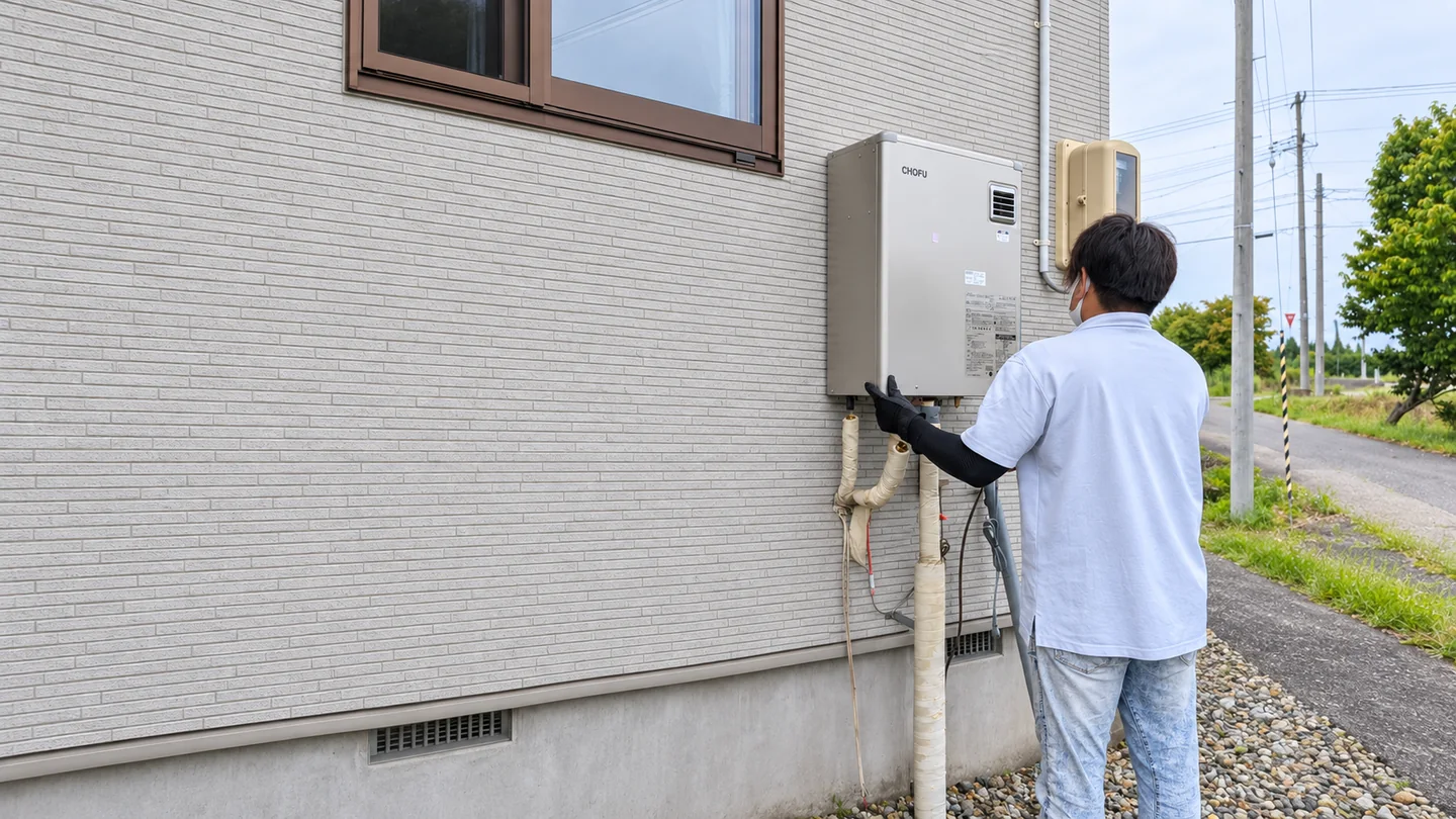 住宅外部でCHOFU製ボイラーを確認する技術者