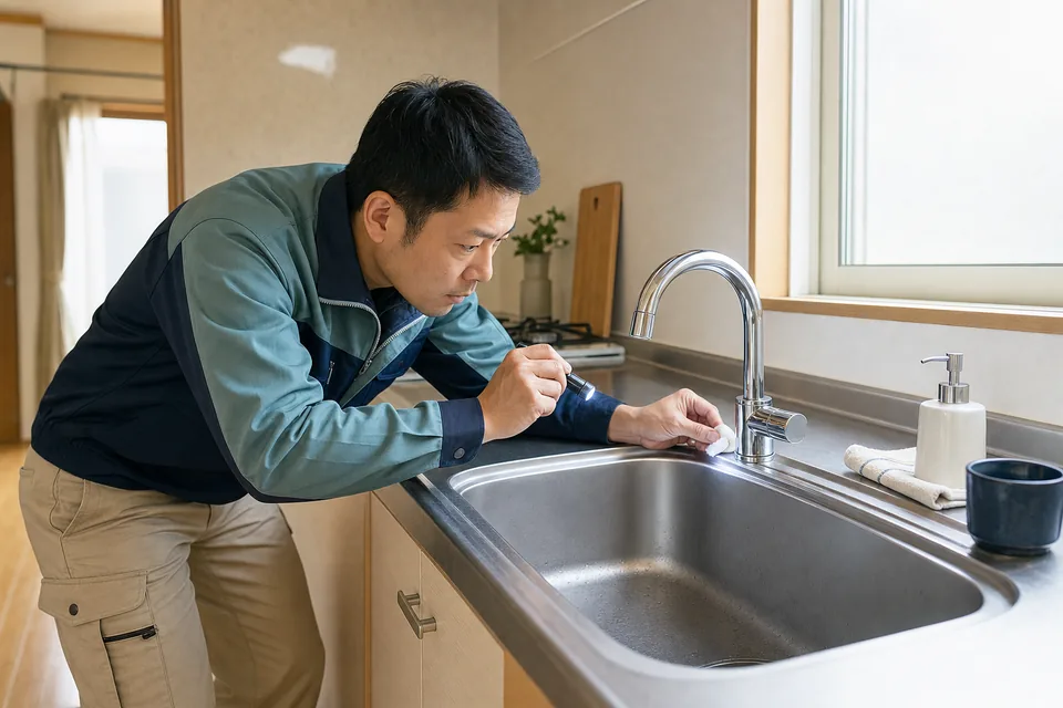 住宅のキッチンで水栓を点検する技術者